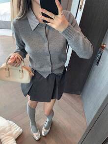秋冬新款韓系甜美休閒女款針織開襟外套，學院風修身長袖夾克 - 灰色 - 查看 3
