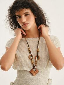 Nocturel 1pc/Set Beaded Rice-Shaped Chain With Square Printed Pendant Fashionable Retro Vacation Style Women's Necklace - Beads - View 5