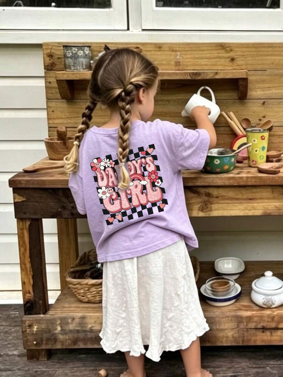Baby GirlMinimalist Plaid Graffiti & Letter Print Round Neck Short Sleeve Cute Top - Mauve Purple - View 1