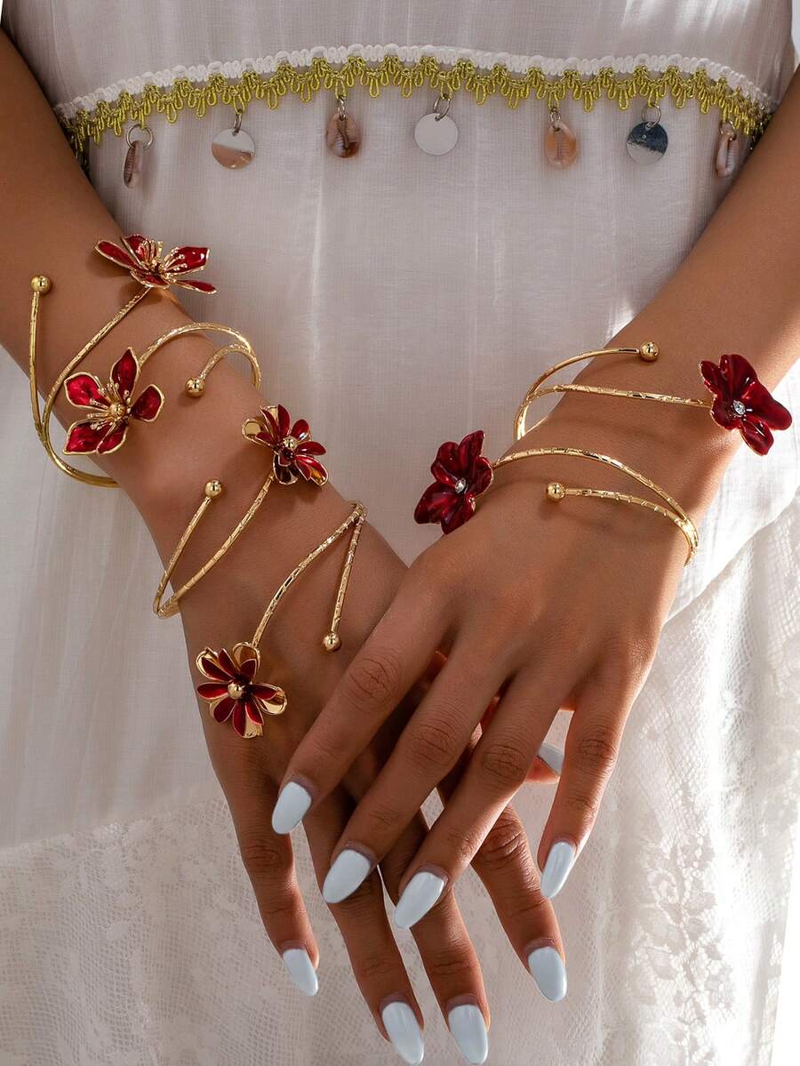 1pc/3pcs Vintage Burgundy Oil Drop Flower Open Cuff Bracelet, Luxury Multi-Layer Petal Adjustable Bangle, Niche Aesthetic Jewelry - Burgundy - View 1
