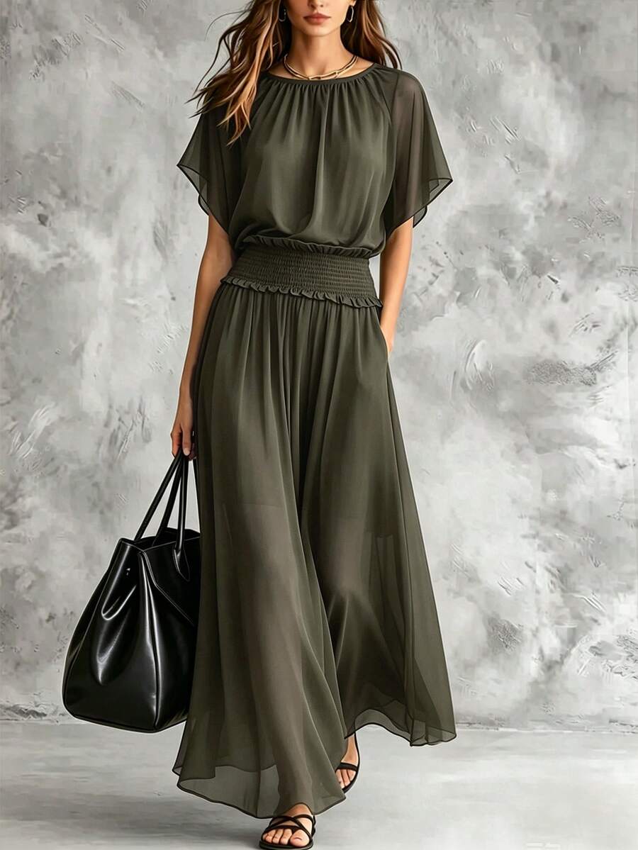 Elegant Solid Olive Green Chiffon Long Dress, Round Neck, Flutter Short Sleeves, Elastic Waist, Ruffle Hem, Flowy Women's Dress - Olive Green - View 1