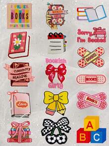 4/16pcs Book Lover Embroidered Iron-On Patch Set, Sweet Literary Girl Reading Slogan Applique, Bow Cherry Letter Block Flower Book Decorative Patch, Literary Atmosphere DIY Accessories, Suitable For Backpack Jacket Jeans Hat Clothing Repair, Back To School Season Gift DIY Hat Jacket Backpack Patch - Multicolor - View 2