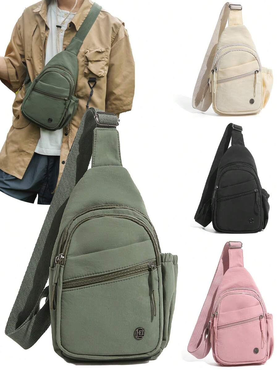 Unisex Minimalist Nylon Chest Bag With Water Bottle Pocket, Multiple Zipper Pockets, Adjustable Shoulder Strap Crossbody Waist Bag, Anti-Theft, Sling