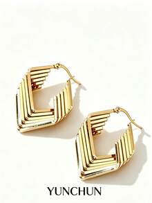 YUNCHUN 1 Pair Gold Stainless Steel Bohemian Rhombus Multi-Layer Earrings, Festive Geometric Ear Jewelry - Gold - View 2