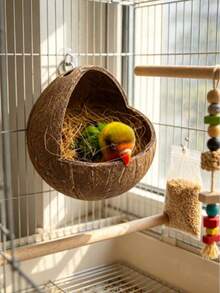 1pc Handmade Bird Nest Garden Decor, Brown Coarse Woven Straw Bird Nest, Suitable For Pet Birds Or Parrots, Natural Small Pet Bird Nesting Pad, Nest, Bed, Anti-Pecking Warm Pad, Suitable For Parrots, Budgies, Long-Tailed Parrots, Canaries, Round Warm - Y - View 3