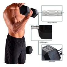 Par de mancuernas hexagonales con recubrimiento de caucho 15 lb (6.8 kg), equipo negro para gimnasio y crossfit - Negro1 - Ver 5