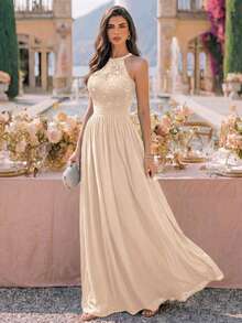 MIUSOL Sequin Floral Lace Halter Neck Sleeveless Ruched Chiffon Formal Party Long Dress, Formal Evening Gown, Suitable For Wedding Guest, Graduation Ceremony, Dinner - Champagne - View 7