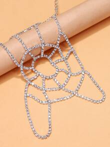 1 pieza Cadena de mano con telaraña de strass completa, anillo de mano conectado con telaraña de strass hueca, accesorio de mano estilo gótico punk de terror de Halloween para fiesta y cosplay de mujer - diamantes de imitación - View 8