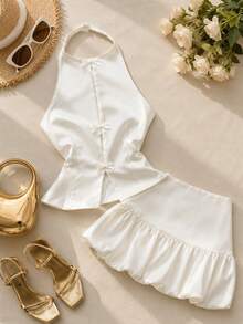 Women's 2-Piece Set: Elegant Solid Color Round Neck Sleeveless Tank Top And Ruffle Hem Skirt With Bow White Summer - White - View 1