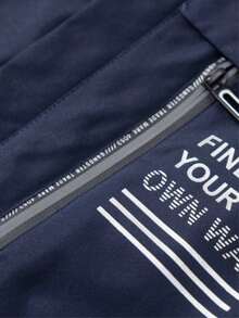 Men's Navy Blue Spring/Autumn Lightweight Outdoor Hooded Jacket, Casual Versatile Letter Print Multi-Pocket Drawstring Outdoor Casual Jacket Sports - Royal Blue - View 8