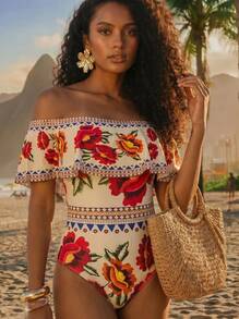 CAJUNI Women's Elegant Vintage Off Shoulder Detachable Strap One Piece Swimsuit+ Printed Mesh Pleated Skirt, Spring/Summer - Multicolor - View 3