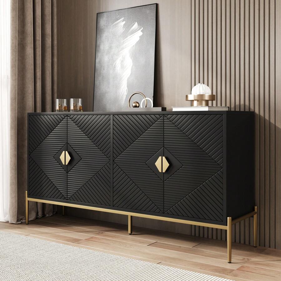 Modern White Sideboard With Shelves - Spacious Storage Area For Living Room/Dining Room - Black - View 1