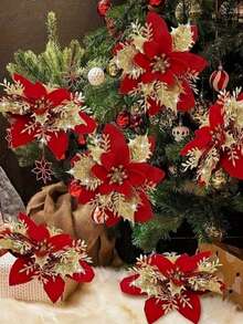 6/12/18/24pcs Artificial Christmas Flowers, Shiny Christmas Flowers, Suitable For Home, Wedding, Party, Christmas Tree Wreath DIY Holiday Decoration - Champagne Christmas Flower Head - View 6