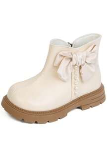 Off-White Girls Ankle Boots Satin Bow Vertical Pearl Decor Side Zipper Round Toe Chunky Lug Sole Sweet Princess Short Boots For Party Daily Dress - White - View 5