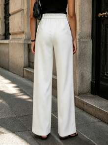 Pantalones largos de verano para mujer, pantalones de pierna ancha minimalistas de cintura alta con pliegues delanteros y fluidos, pantalones de oficina elegantes de color beige sin bolsillos, adecuados para atuendos de otoño - Blanco - Ver 3