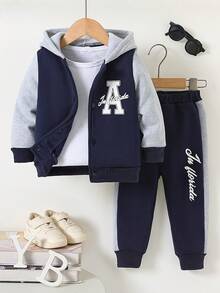 2pcs/Set Boys Casual Letter Print Hooded Baseball Jacket, Infant Baby Patchwork Sweatshirt And Pants Sports Outfit, Autumn/Winter - Navy Blue - View 3
