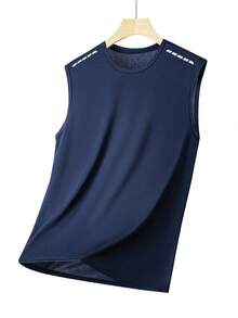 Tank Top Olahraga Pria Warna Polos, Atasan Tanpa Lengan Minimalis Musim Panas, Gaya Kasual Serbaguna - Biru - View 2