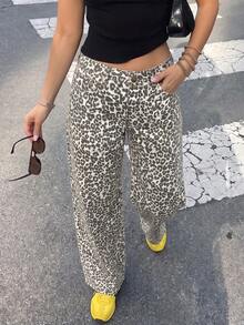 Celana Jeans Wanita Motif Leopard Potongan Lurus dengan Saku dan Resleting, Celana Panjang Kasual, Cocok untuk Pesta Musim Gugur - Coklat - View 6