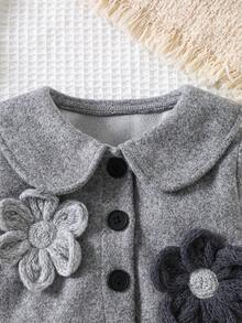 Baby Girl Autumn/Winter 2-Piece Set, Peter Pan Collar With Exquisite 3D Handmade Crochet Flower Jacket, A-Line Pleated Skirt For Easy Movement, Cute Princess Style, Sweet Gift For Baby - Grey - View 3