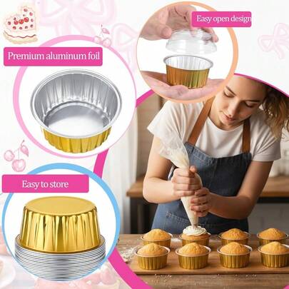 50Pcs Aluminum Foil Baking Cups With Lids, 5 Oz Disposable Ramekins Mini Cake Pans Flan Mold Pudding Dessert Muffin Creme Brulee Container For Wedding Birthday Christmas Party (Round, Gold)