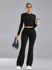 imisic Women's Slim Fit Long Sleeve 2 Pieces Loungewear Set, Folded Waist Flare Pants, Soft Elastic Tummy Control Shaping Sleepwear Set - Black - View 4