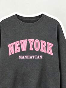 Girls Letter Print Crew Neck Sweatshirt And Loose Long Pants Set - Dark Grey - View 3