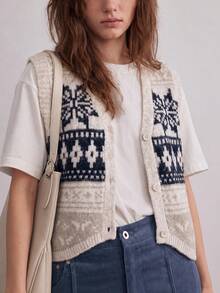 Cardigan Vest Wanita Motif Vintage Musim Gugur Kerah V Campuran Wol - Navy Blue - View 3