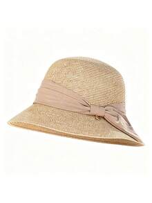 1 pezzo Cappello di paglia da donna colore unito stile casual elegante bohémien, cappello da sole con cima rotonda per vacanze, spiaggia, moda per tutte le stagioni, versatile per il pendolarismo (Se il cappello ha pieghe, si prega di usare un ferro da stiro per lisciarlo e tornerà alla forma originale) - Multicolore - Visualizzare 9