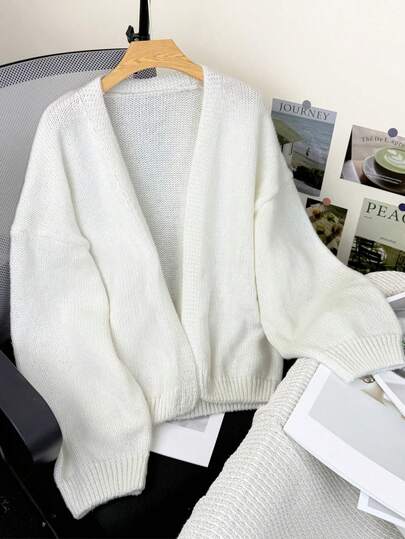 Plus Size Women's Casual Loose Front Opening Cardigan Sweater, Solid Color Long Sleeve Knit Cardigan, Low Elasticity Fall