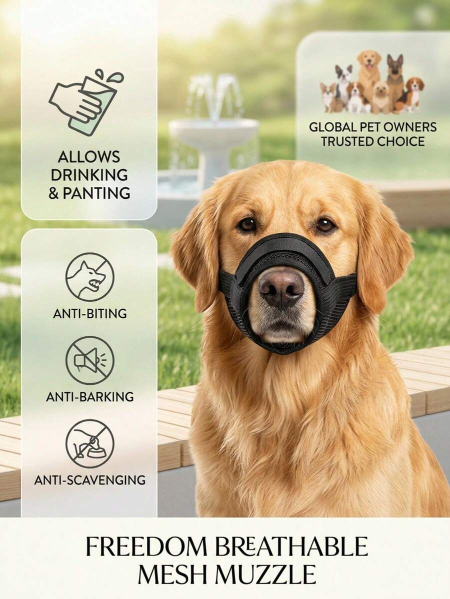 PETSIN قناع شبكي قابل للتنفس للكلاب قطعة واحدة، إغلاق سريع بحزام قابل للتعديل، غطاء فم للحيوانات الأليفة مضاد للعض ونباح، قناع ناعم قابل للتعديل للحيوانات الاليفة' - الأسود - مشاهدة 1