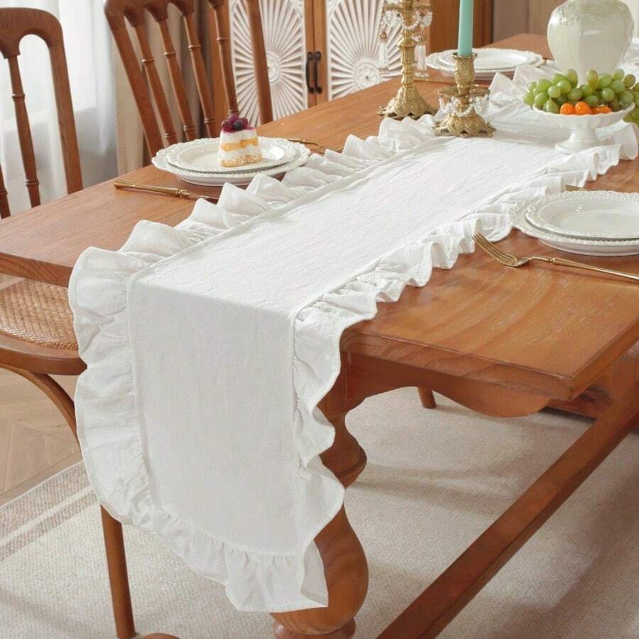 1pc French Vintage Solid Color Ruffle Table Runner, Cute Candy Color White Fabric Tablecloth, Suitable For Wedding, Festival, Party - Multicolor - View 1