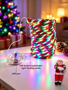 USB Colorful Christmas Light String, 5m/10m Candy Cane Twisted LED Fairy String Lights, Flexible Indoor Decorative Light Rope, Suitable For Christmas Tree, Stairs, Fireplace, Window And Holiday Party Decoration - Christmas Santa Claus String Lights - View 4