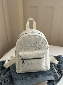 時尚星星與字母圖案經典復古風女款後背包、手提包、小包，百搭休閒拉鍊包 - 米色 - 查看 8
