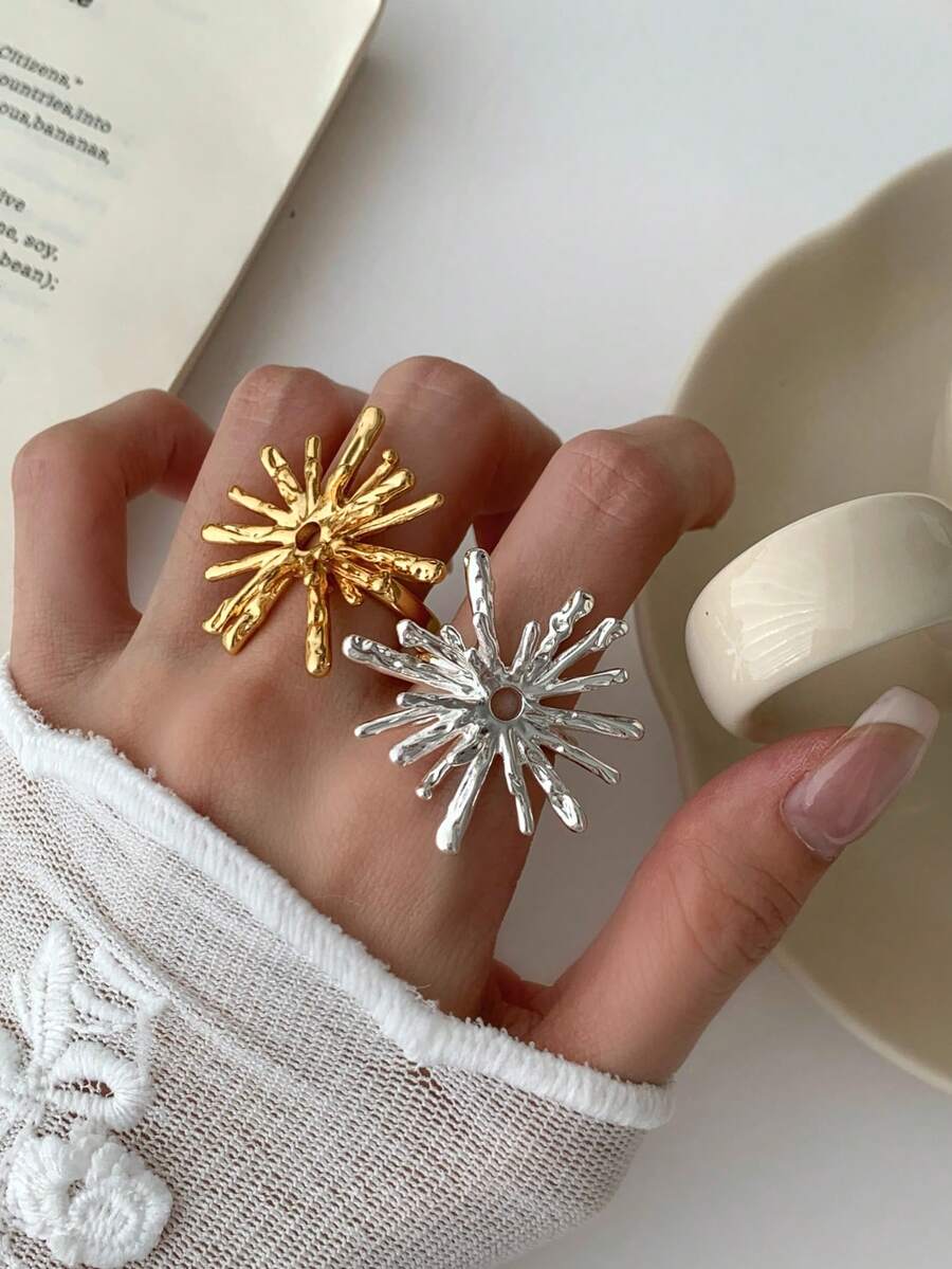 1pc Blooming Fireworks Ring Open Adjustable Niche Asymmetrical Copper Ring Dating Gift Daily Wear
