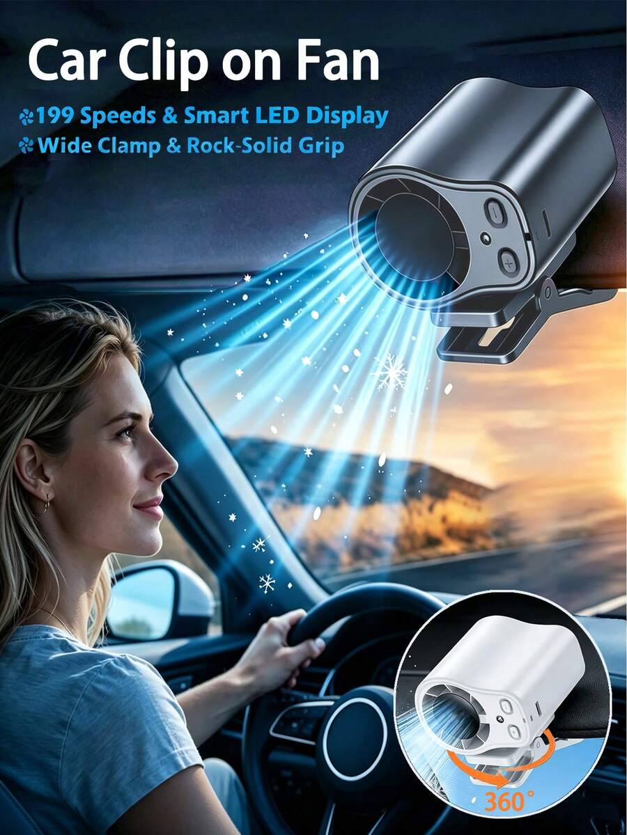 Car Clip-On Fan 360° Rotatable Mini Fan, Suitable For Car Sun Visor, Roof Handle, Seat Belt, Seat, Compact Portable Rechargeable Cooling Fan With LED Display, Suitable For Vehicle, SUV, RV, Van, Stroller, Hands-Free Waist-Clip And Neck-Hanging Fan, Suitable For Outdoor, Tent
