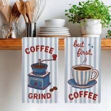 2PCS Blue Striped Coffee Healing Theme Printed Kitchen Towels, 40*60cm Rectangular Microfiber Dish Cloths, Tablecloths, Hand Towels, Kitchen Decor, Home Decor, Housewarming Gift For Neighbors, Perfect For Kitchen And Bathroom Use, Suitable For Housewives And Family Gatherings, High Cost-Performance, Home Essential - Royal Blue - View 8