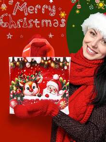6/12pcs Christmas Plastic Tote Bags, Cartoon Reindeer & Santa Claus Pattern Reusable Gift Bags, Shiny Shopping Bags, Red Party Gift Bags, 2026 Holiday Christmas Home Decor, 2027 Christmas Gift Christmas New Year Packaging Bags - Santa Claus Elk - View 12