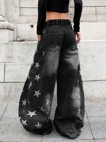 1 buah Celana Jeans Denim Wanita Gaya Jalanan Jepang Patchwork Motif Bunga Laser Longgar Model Kepompong Kaki Lebar, Kasual Sepanjang Musim - Hitam - View 8