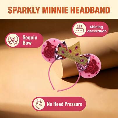 Disney Aurora Pink Mouse Ear Headband Gold Crown Rhinestone, Women Hair Hoop For Princess Vacation Cosplay