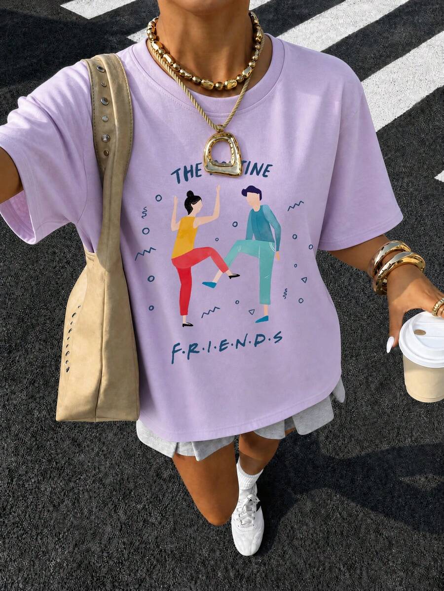 SHEIN X FRIENDS 女款夏季寬鬆休閒短袖T恤,丁香紫雙面卡通舞蹈圖案 - 淡紫色 - 查看 1
