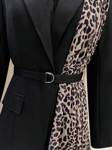 Women's Autumn/Winter Elegant Commute Chiffon Leopard Print Blazer With Lining, Ribbon Patchwork Design, Double-Breasted Adjustable Waist Belt, Long Sleeve - Black - View 5