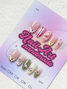 10 piezas de uñas postizas hechas a mano con forma de almendra corta estilo Y2K, color nude transparente con patrones mixtos, lunares, rayas verticales rosas y blancas, rayas azul claro, base verde oliva con estrellas blancas de cinco puntas, flores rosas 3D con accesorios de cuentas doradas, strass de colores, estilo vintage lindo de verano, adecuadas para mujeres y niñas, fiesta, baile, uso diario, incluye set de herramientas, uñas postizas hechas a mano - Multicolor - Ver 2