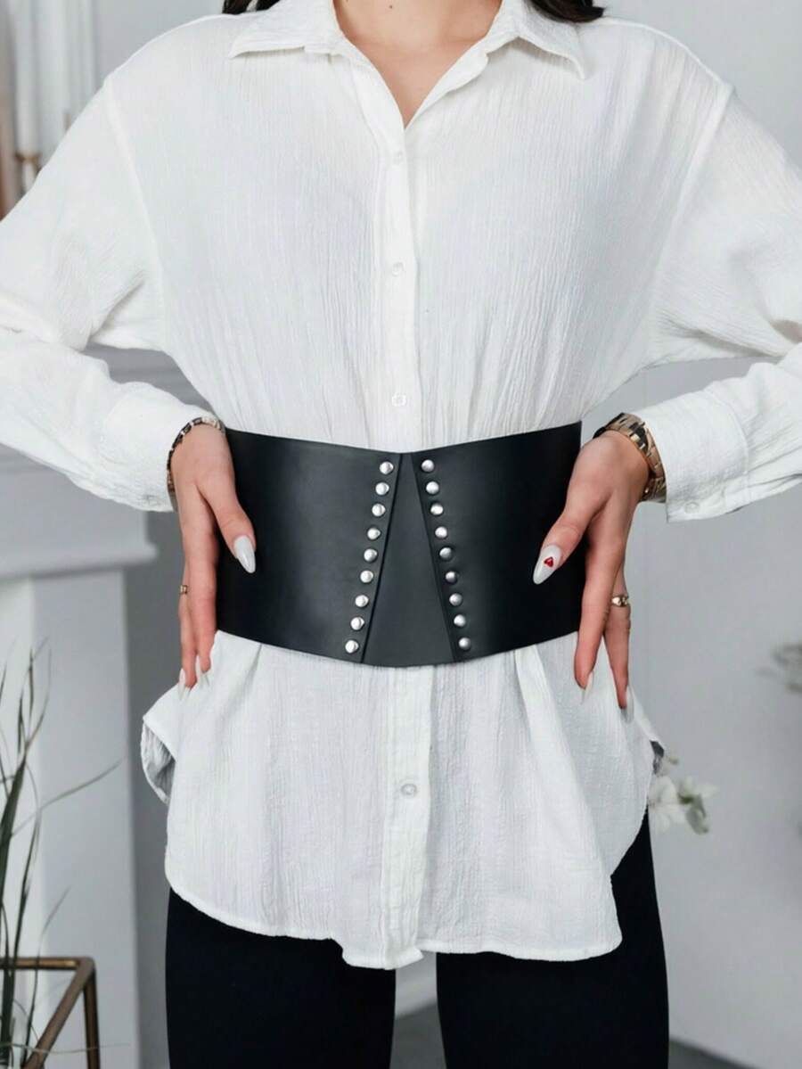 1件女款暗黑風雙排鉚釘裝飾收腰腰帶,適合日常通勤或派對穿搭 - 黑色 - 查看 1