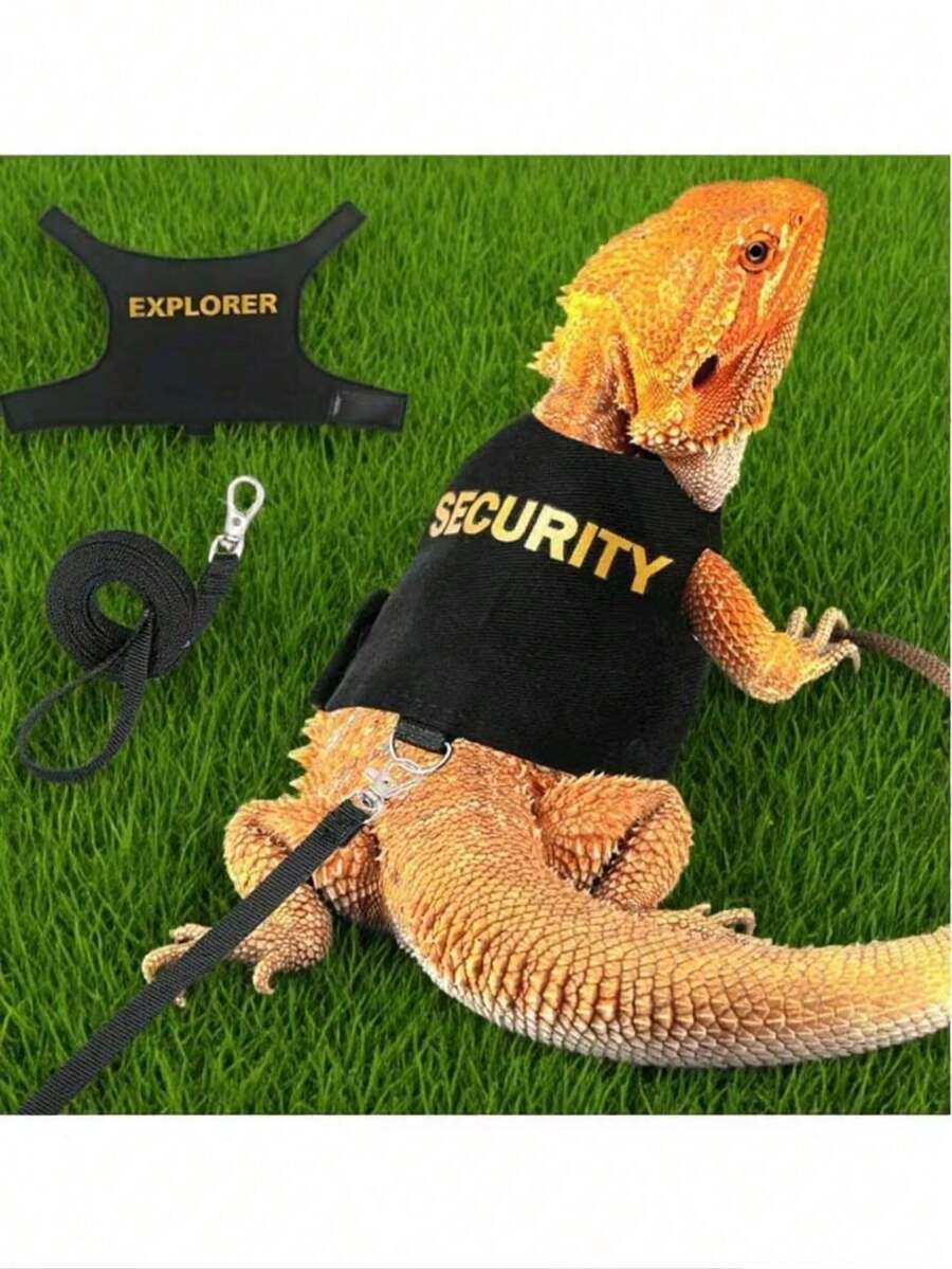 1pc Adjustable Size Reptile Harness With Leash - Comfortable Fit For Bearded Dragon, Lizard And Small Pets - Polyester Outdoor Walking Gear - Black 1 - View 1