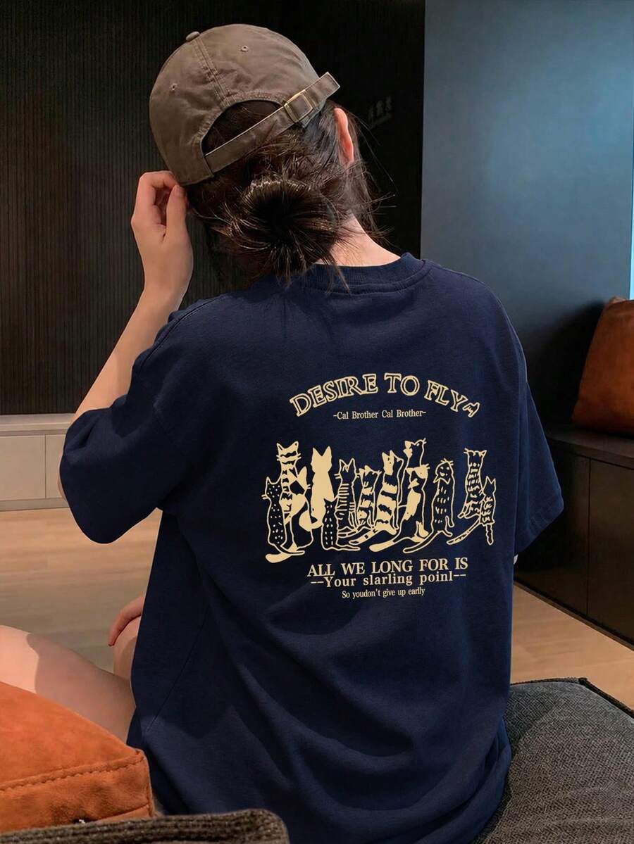 Women's Fashionable Loose Cartoon Cat Letter Print Short Sleeve T-Shirt, Summer Casual - Dark Blue - View 1