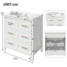 Freestanding Washbasin Measuring 76.5 X 47 X 82 Cm, Fully Lacquered, One-Piece Ceramic Basin, Three Drawers, Silent Extraction System, White Color. - White - View 3