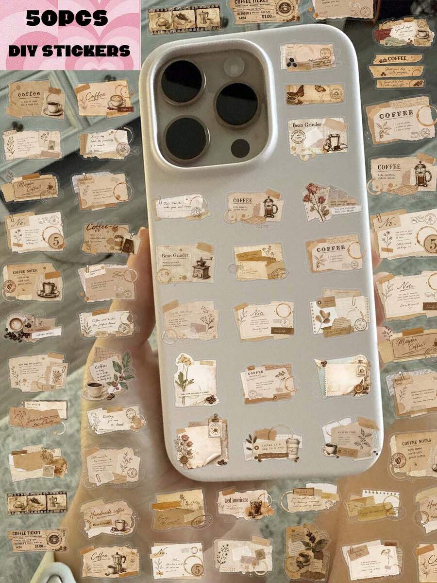50 piezas, Pegatinas de diario de café para teléfono móvil, material PET, diseño creativo y estético, pegatina transparente, adecuada para fundas de teléfono móvil, tabletas, portátiles, maletas, coches, cuadernos, diarios escritos a mano, suministros de scrapbooking, útiles escolares - 50 piezas - Ver 1