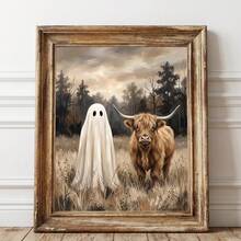 1pc Framed Canvas Wall Art, Vintage Country Style Highland Cow And Cute Ghost Wilderness Oil Painting Canvas Wall Decor, Low Saturation Atmospheric Autumn Forest Farmhouse Poster, Hot-Selling Home Decor Wall Hanging, Suitable For Modern Home Decoration - Ghost - View 2