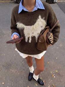 Sweater Pullover Lengan Panjang Motif Hewan Cokelat untuk Wanita - Coklat - View 4