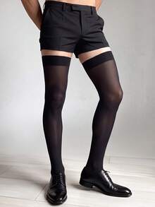 2 Pairs Men's Solid Color Sheer High Elastic Ultra-Thin Sexy Over-The-Knee Socks, Suitable For Party, Date, Daily Wear, Formal Business, Office - Black - View 6